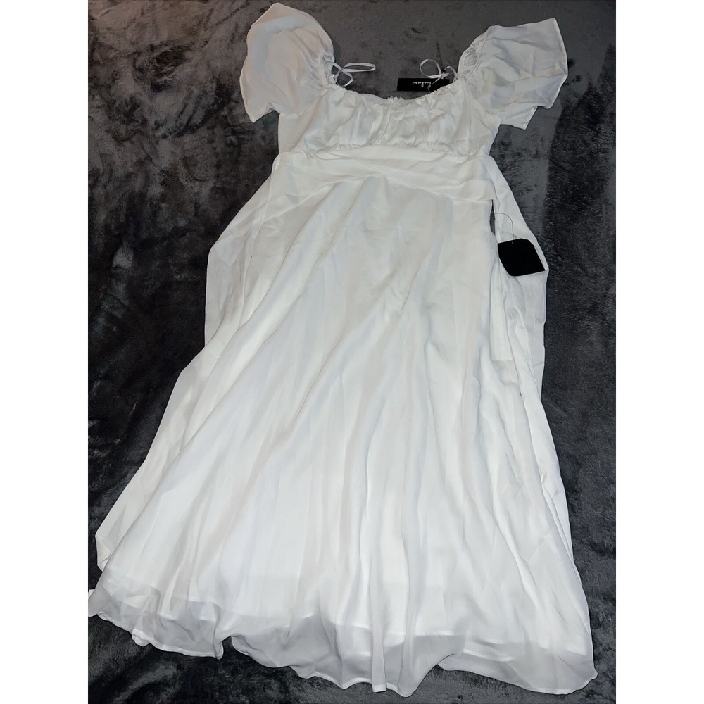 LARGE LULUS Elegant Wonder White Satin Off-the-Shoulder Midi Dress
